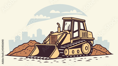 Illustrated Bulldozer Pushing Earth with Cityscape and Clouds.