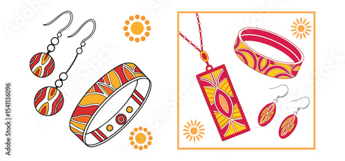 Colorful and stylized jewelry collection vector illustration featuring earrings bracelets necklace and sunburst pattern elements.