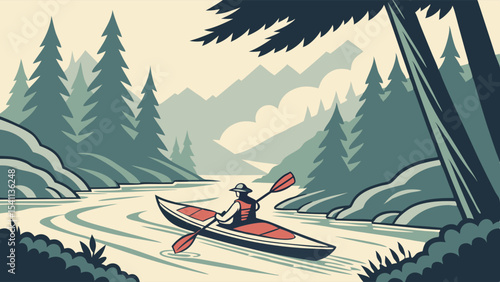 Stylized illustration of a capsized canoe in a river surrounded by trees.