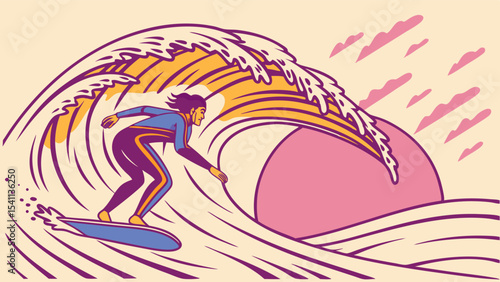 Surfer Riding a Large Wave with a Pink Sunset in the Background.