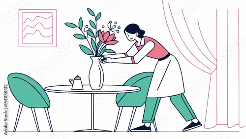 Woman arranging flowers in a vase on a round table.