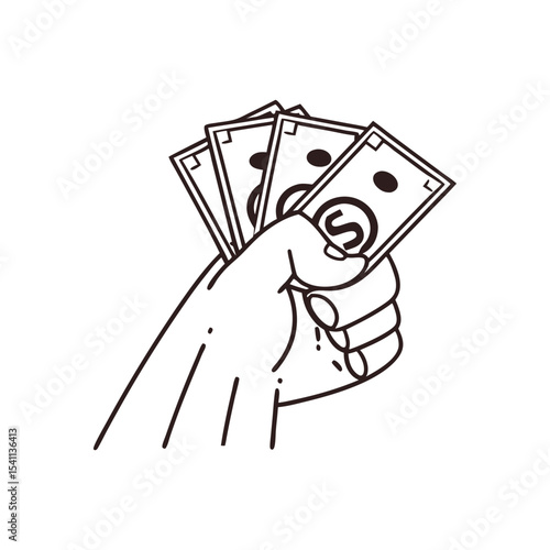 A hand holding a fan of cash dollar bills a simple line art vector icon representing payment savings or a financial transaction