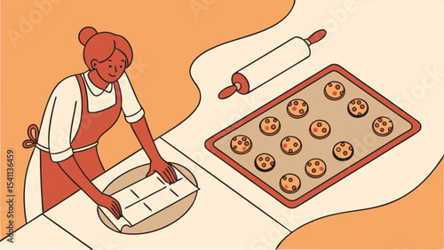 Woman Baking Cookies with Rolling Pin and Baking Sheet.