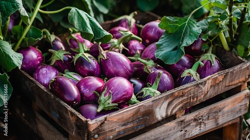 A pile of vibrant purple eggplants freshly harvested and arranged in a wooden crate with their glossy skin and tender texture set against a backdrop of green foliage