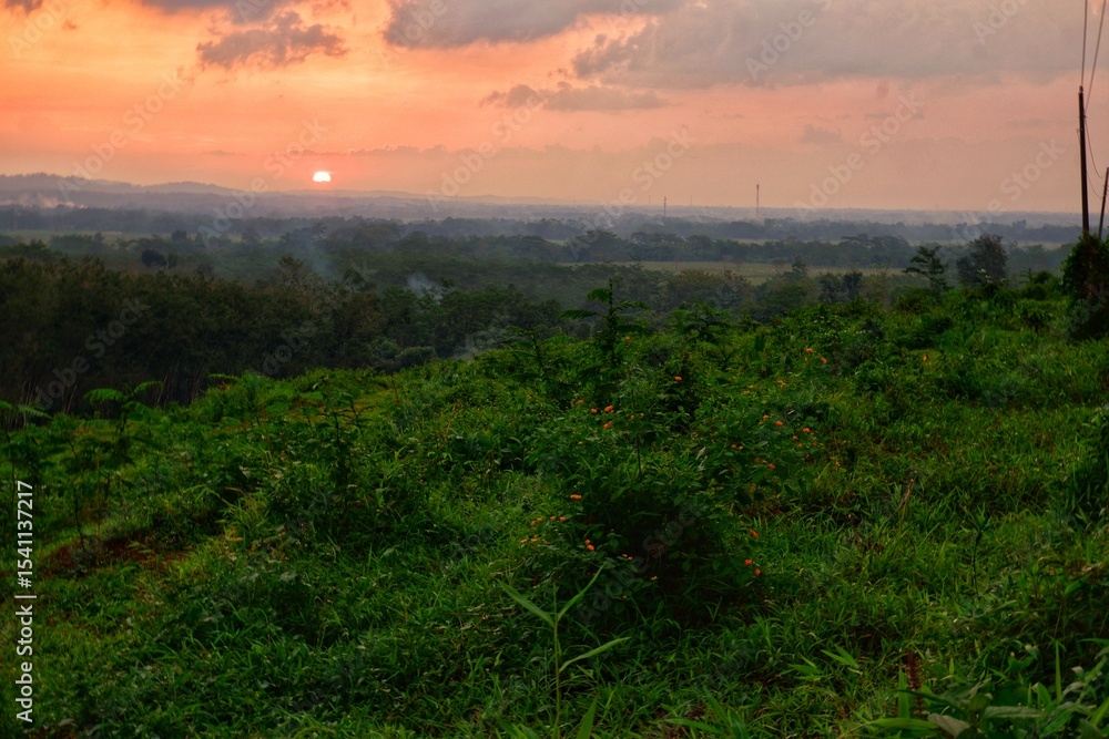 Obraz premium Serene view of a tranquil countryside with vibrant green fields at sunrise. Tranquil atmosphere enhanced by the interplay of colors in the sky, evoking peace and calmness.