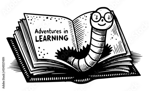 An open book titled "Adventures in Learning" with a friendly, bespectacled bookworm emerging from a hole within its pages.