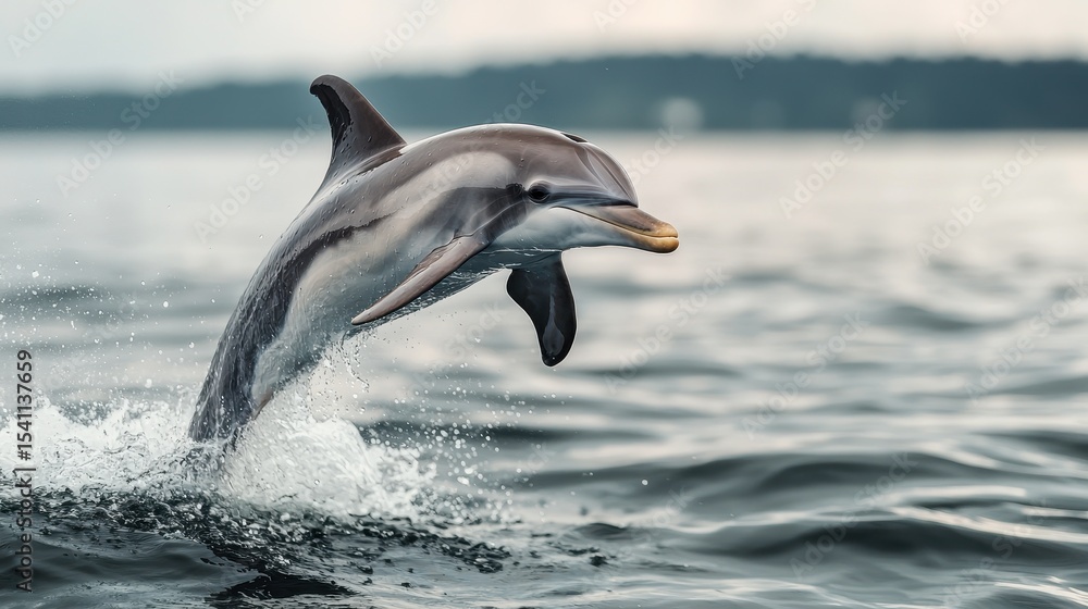 Fototapeta premium Dolphin Leaping Gracefully Above Water Surface in Natural Habitat During Calm Daylight Environment