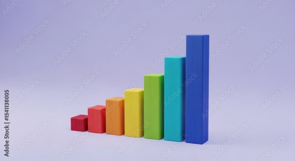 A colorful bar graph showing increasing values against a light purple background in a studio shot A colorful bar graph showing increasing values against a light purple background in a studio shot