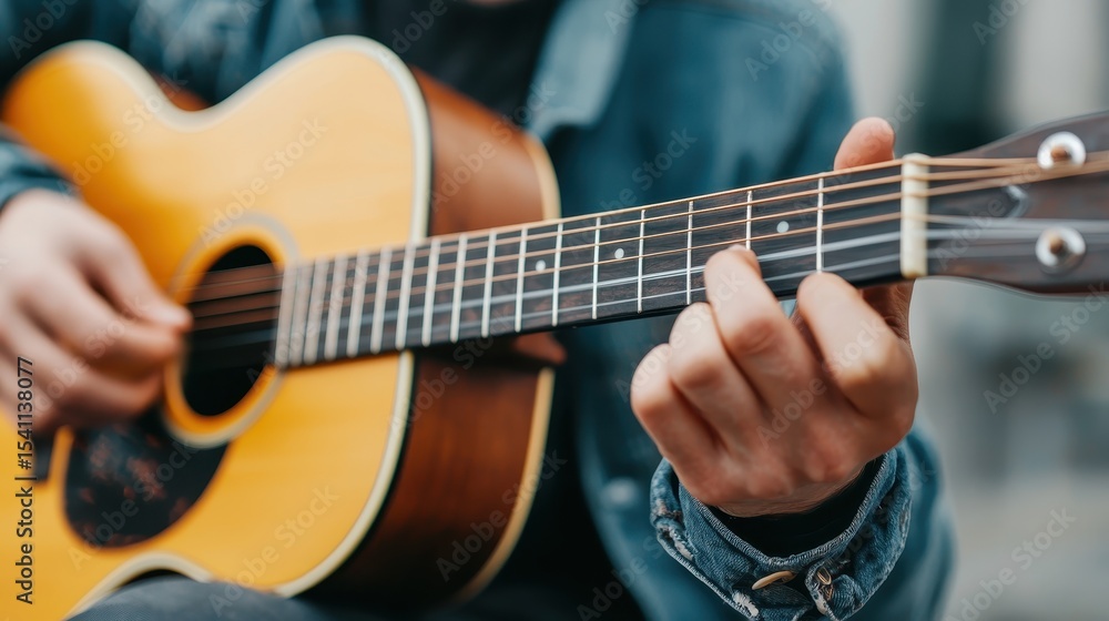 Obraz premium Close-up of a musician playing an acoustic guitar outdoors, showcasing skill and passion in music performance