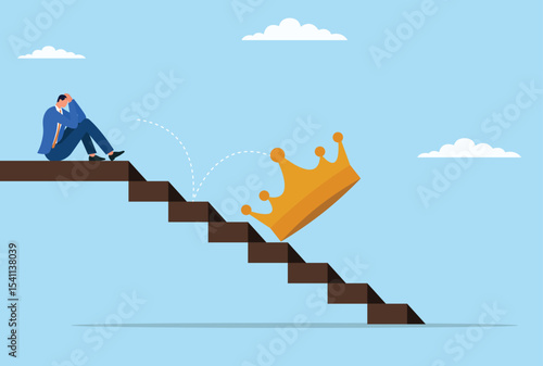 Vector illustration of a businessman sitting in despair as his crown falls down the stairs, symbolizing lost authority, decline in status, and the emotional weight of failure
