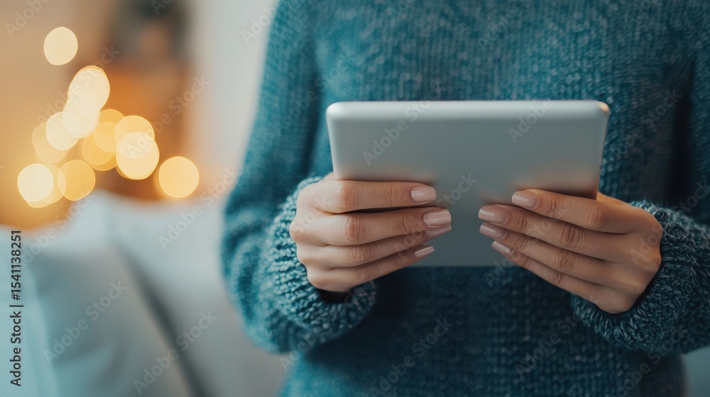 Cozy indoor scene of woman using tablet with warm lights in background during winter season evening relaxation Cozy indoor scene of woman using tablet with warm lights in background during winter season evening relaxation