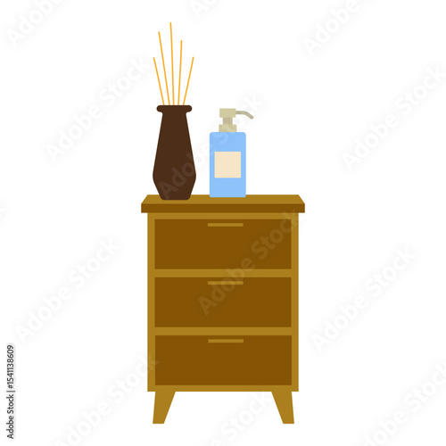 Decorative nightstand with vase and fragrance bottle in a modern setting