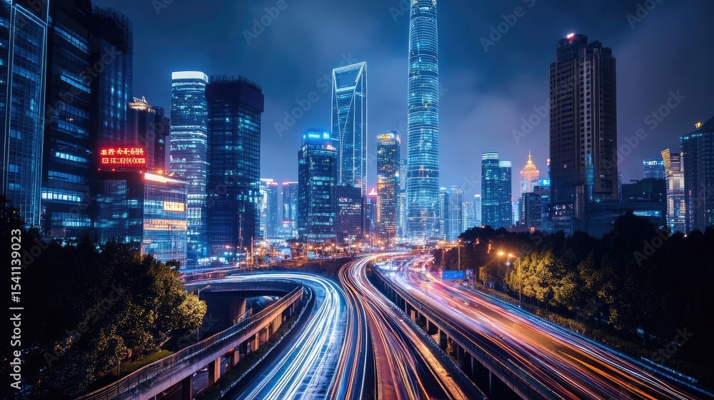 Fototapeta premium Cityscapes at night with illuminated skyscrapers and motion blur on highways.