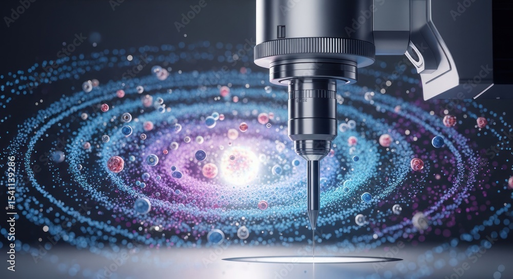 Close up of a metal machine with a drill bit against a galaxy background with colorful spheres Close up of a metal machine with a drill bit against a galaxy background with colorful spheres