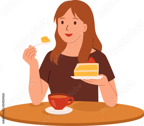Woman Eating Cake with Coffee

