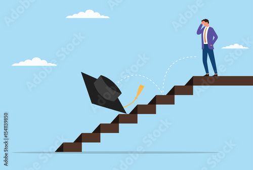 Vector illustration of a man looking upset as his graduation cap falls down the stairs, symbolizing lost achievement, missed opportunities, or setbacks in academic or career goals

