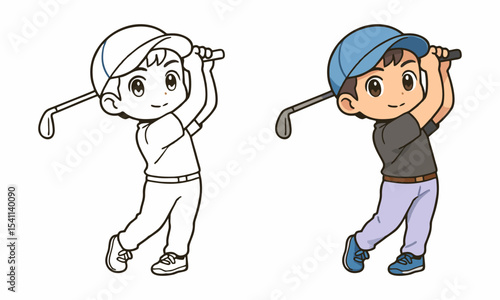 Cute man playing golf coloring page for kids