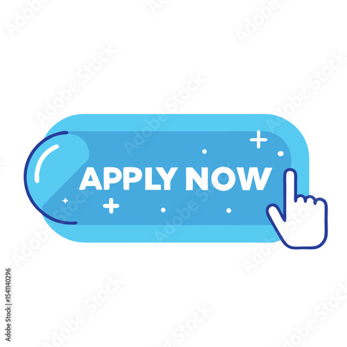 Modern blue button with apply now text and hand cursor as a vector illustration.