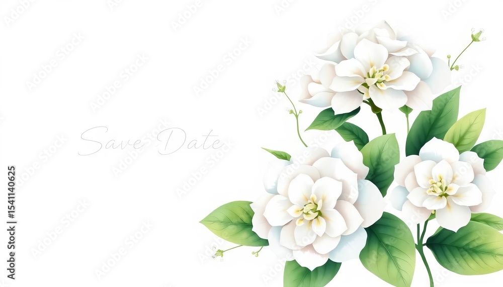 Obraz premium Elegant watercolor white hydrangea & greenery save the date design, greenery, invitation design