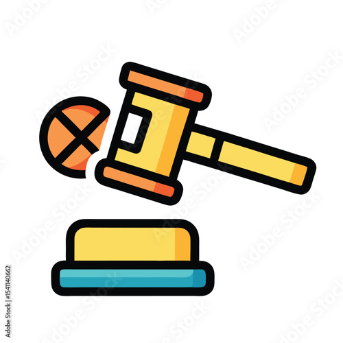 Cartoon gavel symbolizing judgement with a cross symbol and a judge's bench vector illustration