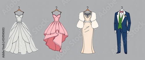 Elegant wedding dress doodle illustrations, plus-size options, fur coat, crinoline, groom's suit, atelier icons, thin lines, editable stroke,  apparel,  graphic