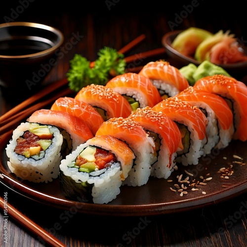 Sushi maki beautifully arranged on plate, featuring fresh ingredients and vibrant colors