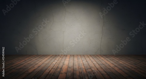 Empty room  Cement wall and vintage wooden floor  perspective view.