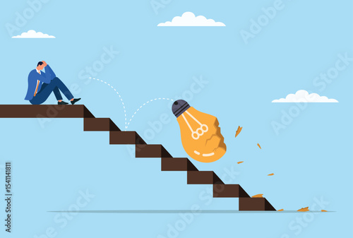 Vector illustration of a businessman sitting in despair as a light bulb falls down the stairs and breaks, symbolizing lost ideas, failed innovation, and moments of professional frustration
