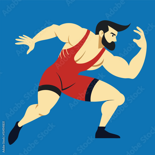 Illustration of a muscular wrestler in red singlet pose