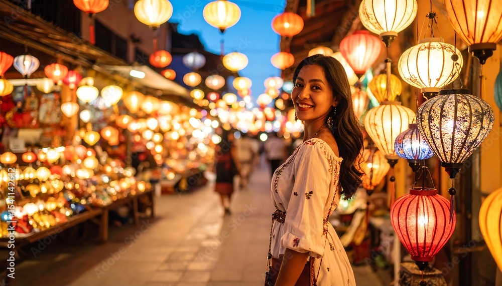 Obraz premium Woman smiles among lanterns in Hoi An.