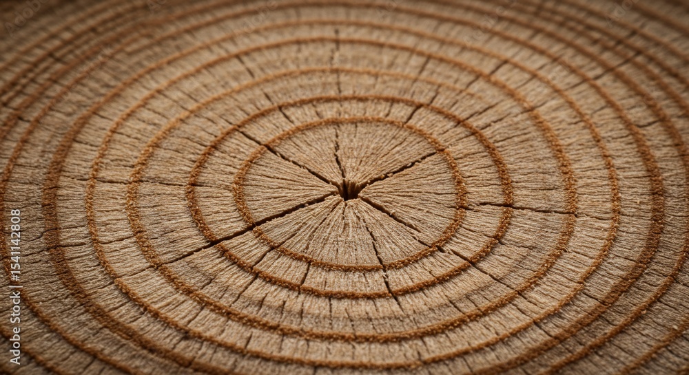Fototapeta premium Woodland's Secret Chronicle: A detailed macro shot reveals the intricate, concentric patterns of a cross-sectioned tree trunk, each ring a testament to time's passage and nature's artistry.