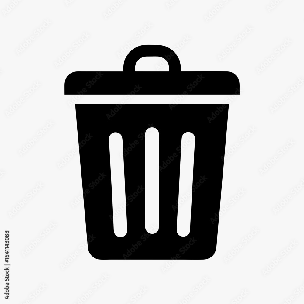 Black trash can icon with lid and vertical lines isolated on white background
Black trash can icon with lid and vertical lines isolated on white background