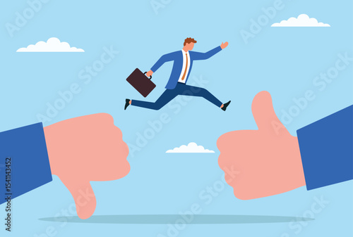 Vector illustration of a businessman jumping from a giant dislike hand to a giant like hand, symbolizing overcoming major criticism and rejection to achieve acceptance, success, and positive 