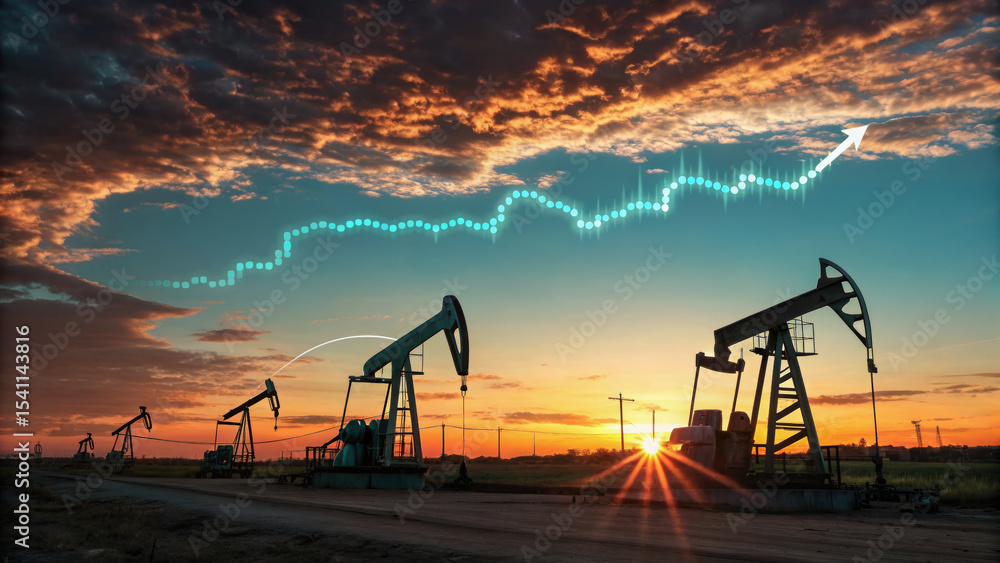 Oil price trends with renewable energy impact under dramatic sunset sky. Oil price and renewable energy concept. economic effect, energy security, financial market connection. Oil price trends with renewable energy impact under dramatic sunset sky. Oil price and renewable energy concept. economic effect, energy security, financial market connection.