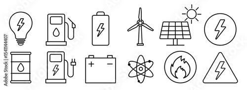 Set of outline icons related to green, renewable energy, alternative sources energy. Eco icon collection. Editable stroke. Vector illustration.