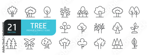 Set of line icons related to tree, plants, nature, forest. Outline icons collection. Editable stroke. Vector illustration