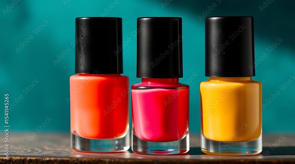 Three bottles of nail polish in vibrant orange pink and yellow shades sit on a wooden surface against a teal background Three bottles of nail polish in vibrant orange pink and yellow shades sit on a wooden surface against a teal background