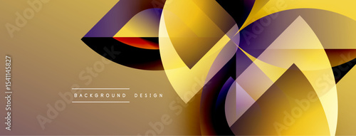 Abstract geometric shapes blend, creating dynamic golden, purple gradients. Modern design evokes energy, movement, sophistication.