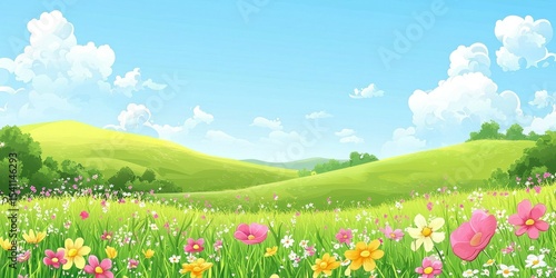 A vibrant, colorful, and lush green meadow with a variety of wildflowers and a clear blue sky with fluffy white clouds.