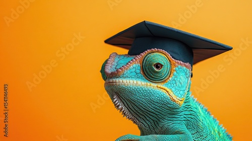 Close-up of a vibrant turquoise blue chameleon wearing a graduation cap against a warm orange backdrop. 