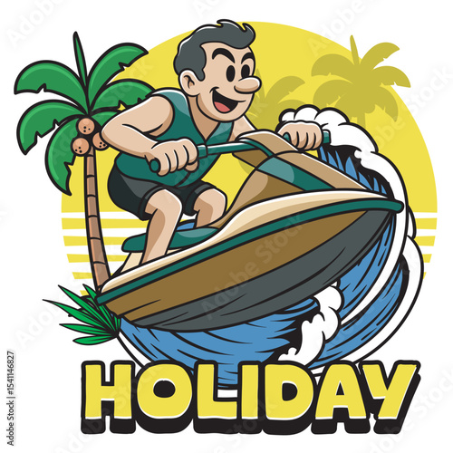 Vector Illustration of Boy Riding Jetski with Retro Cartoon Available for Logo Badge