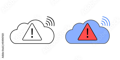 Cloud breach alert icon with a warning triangle, signal lines, and cloud, in outline and color styles, ideal for visualizing security threats, intrusion detection, and cloud incident notifications.