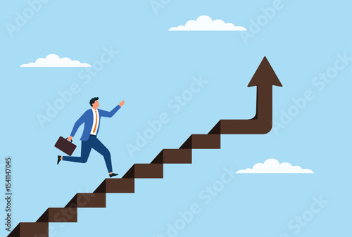 Vector illustration of a businessman climbing up the stairs, representing determination, ambition, and an ongoing journey towards achieving career goals, success, and professional growth