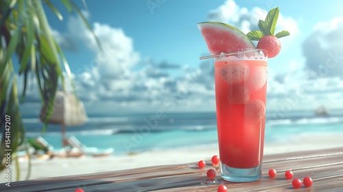 A tall glass of coconut watermelon cooler, garnished with watermelon balls and mint leaves, served on a tropical beach bar with a view of the ocean