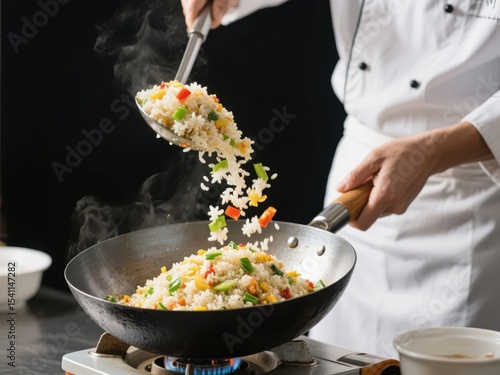 Chef tossing colorful fried rice in a wok over a gas stove