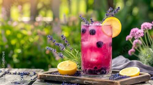 A tall glass of iced blueberry lavender lemonade, garnished with fresh lavender sprigs and served with a lemon wedge on a rustic wooden tray in a garden setting