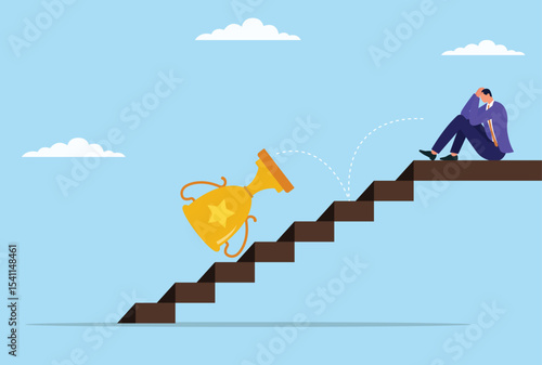 Vector illustration of a businessman sitting in despair as a trophy falls down the stairs, symbolizing feelings of failure, lost success, and disappointment in his professional journey
