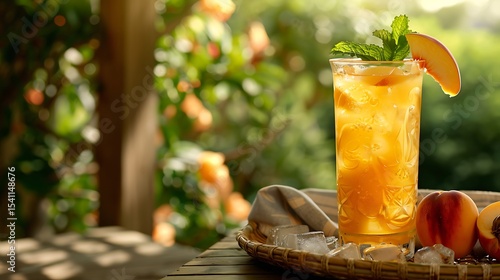 A tall glass of iced peach green tea, garnished with a slice of peach and a sprig of fresh mint, served on a wicker tray with a bowl of ice cubes on a sunny porch