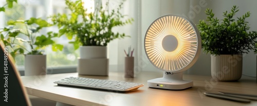 Modern desk fan with warm light on a light wooden surface.