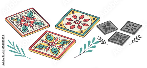 Colorful stylized square coasters with floral patterns and leaves arranged in an artistic composition against a white backdrop.